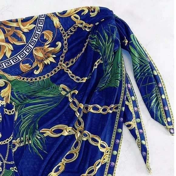 Push Up One Piece Chain Print Swimsuit With Beach Skirt - Picture 4 of 7